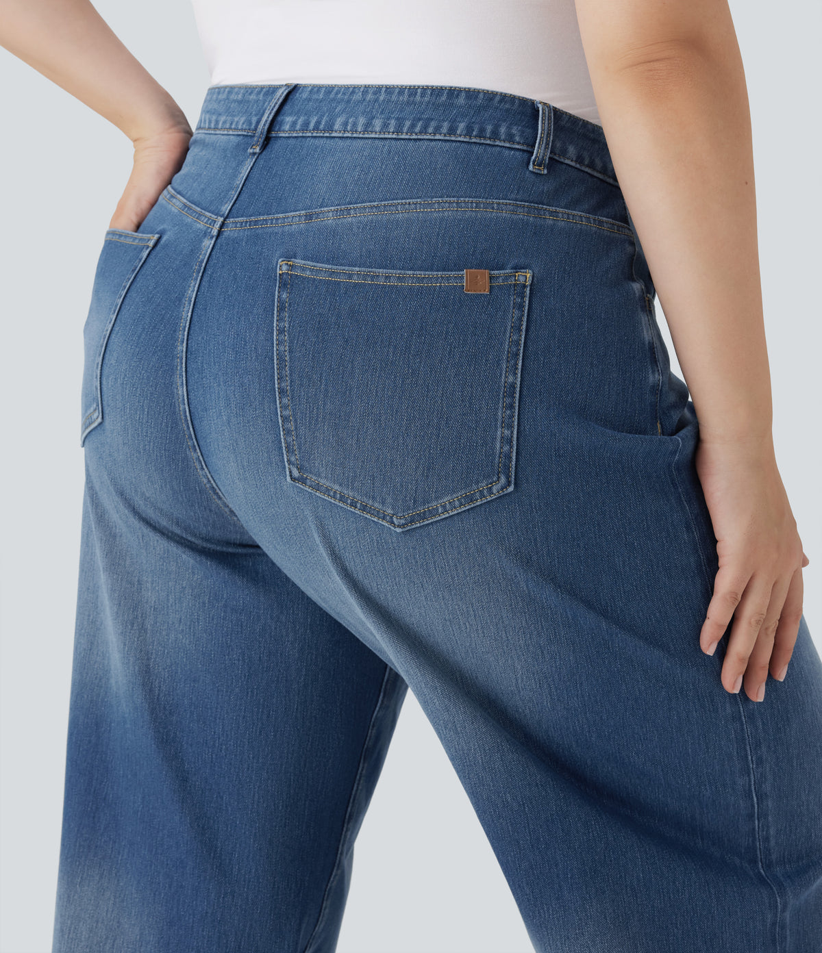 Plus Size High Waisted Wide Leg Rolled Hem Washed Stretchy Knit Casual Jeans with Pockets — Blue Spruce Denim — view 5
