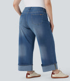 Plus Size High Waisted Wide Leg Rolled Hem Washed Stretchy Knit Casual Jeans with Pockets — Blue Spruce Denim — view 3