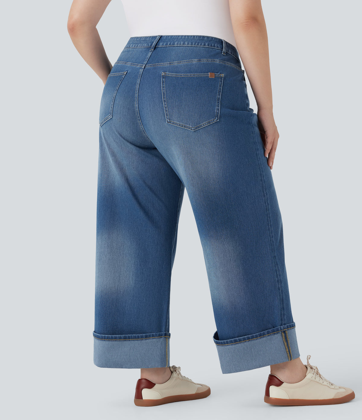 Plus Size High Waisted Wide Leg Rolled Hem Washed Stretchy Knit Casual Jeans with Pockets — Blue Spruce Denim — view 3
