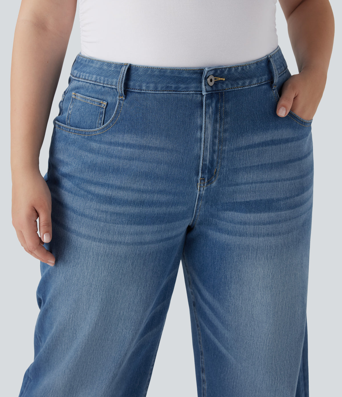 Plus Size High Waisted Wide Leg Rolled Hem Washed Stretchy Knit Casual Jeans with Pockets — Blue Spruce Denim — view 6