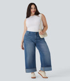 Plus Size High Waisted Wide Leg Rolled Hem Washed Stretchy Knit Casual Jeans with Pockets — Blue Spruce Denim — view 1
