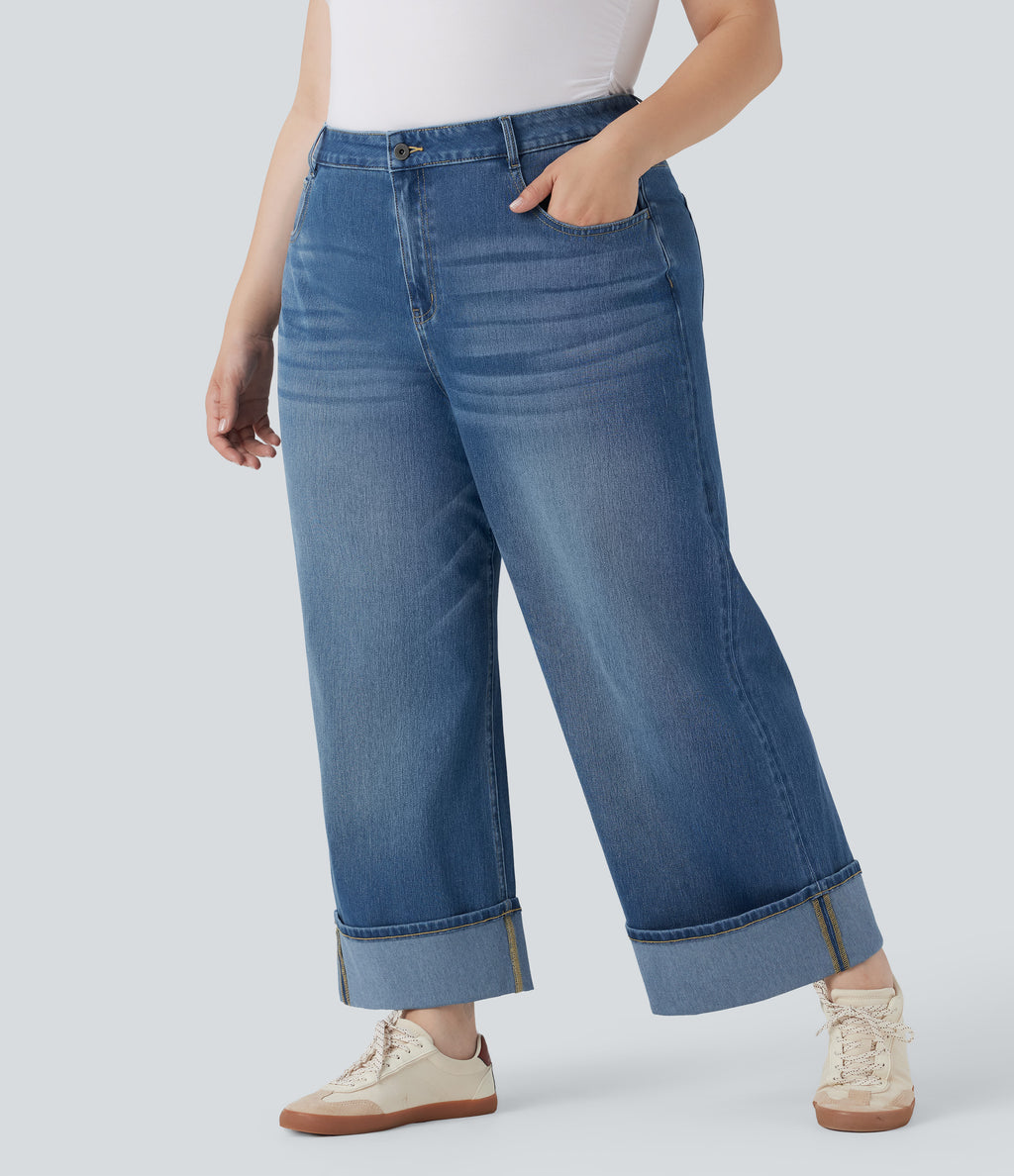 Plus Size High Waisted Wide Leg Rolled Hem Washed Stretchy Knit Casual Jeans with Pockets — Blue Spruce Denim — view 2