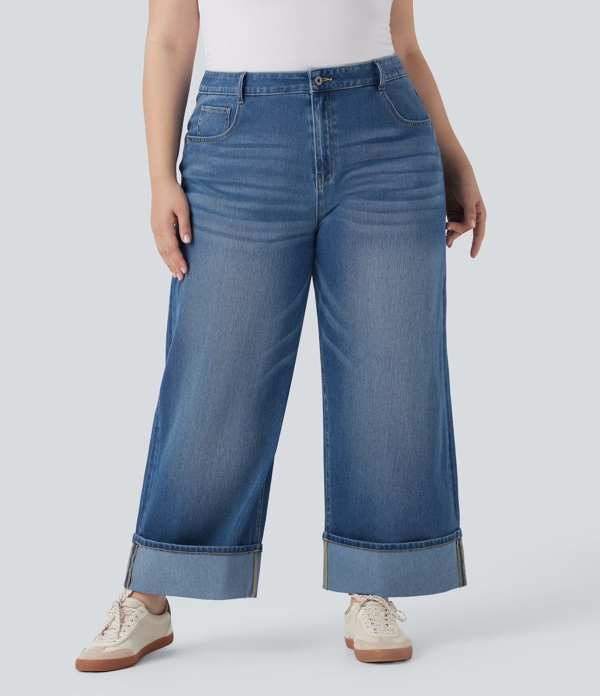 Plus Size High Waisted Wide Leg Rolled Hem Washed Stretchy Knit Casual Jeans with Pockets — Blue Spruce Denim — view 4