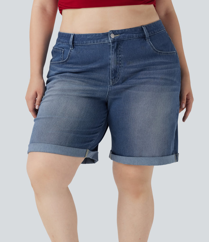High Waisted Multiple Pockets Rolled Hem Washed Stretchy Knit Denim Casual Plus Size Bermuda Shorts — Paint Blue Denim — view 1