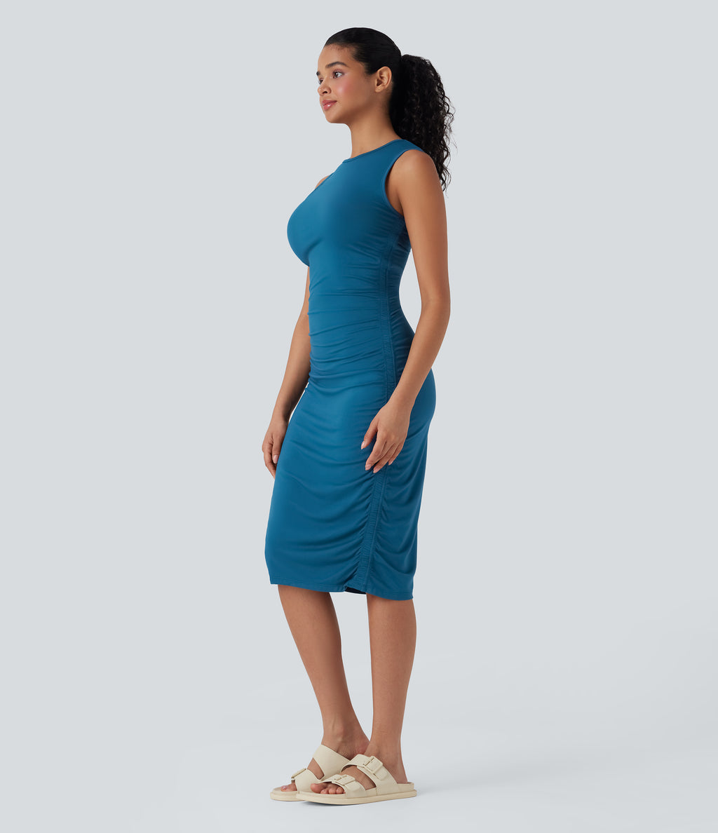 Round Neck Sleeveless Ruched Casual Bodycon Dress — Oxford Blue — view 3