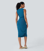 Round Neck Sleeveless Ruched Casual Bodycon Dress — Oxford Blue — view 2