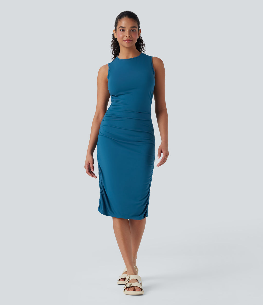 Round Neck Sleeveless Ruched Casual Bodycon Dress — Oxford Blue — view 1