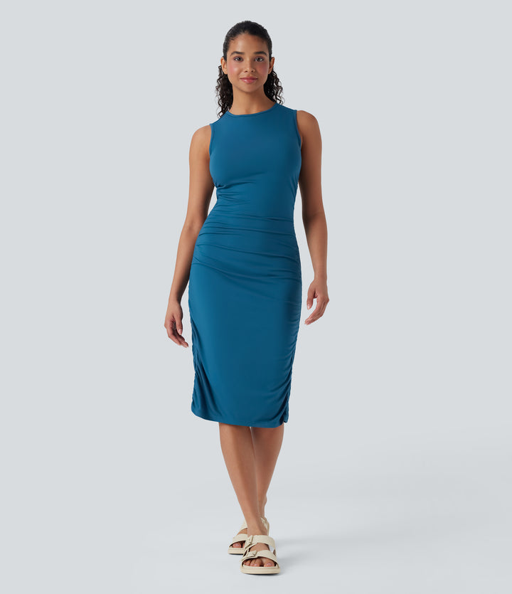 Round Neck Sleeveless Ruched Casual Bodycon Dress — Oxford Blue — view 1