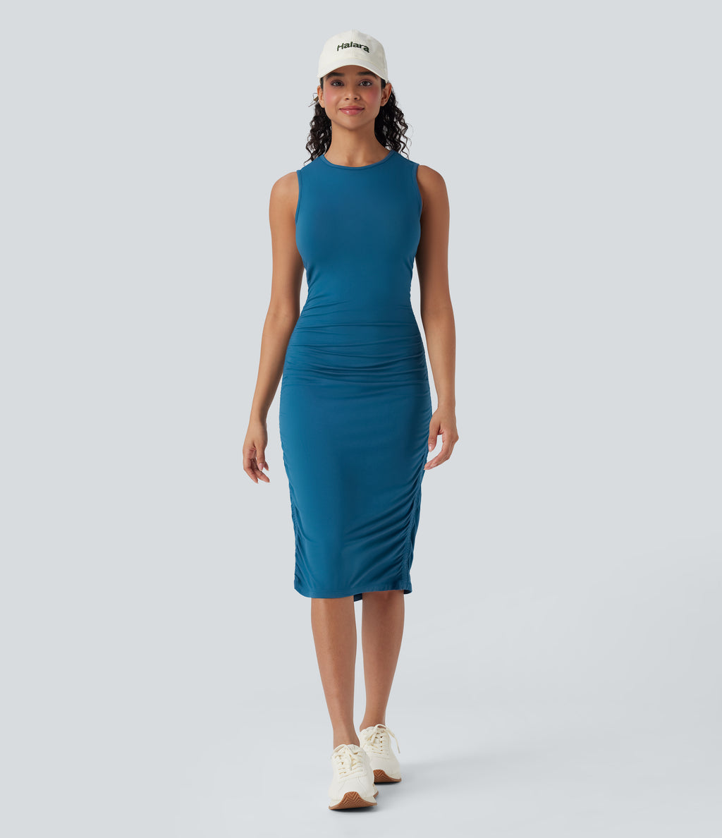 Round Neck Sleeveless Ruched Casual Bodycon Dress — Oxford Blue — view 6