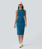 Round Neck Sleeveless Ruched Casual Bodycon Dress — Oxford Blue — view 6