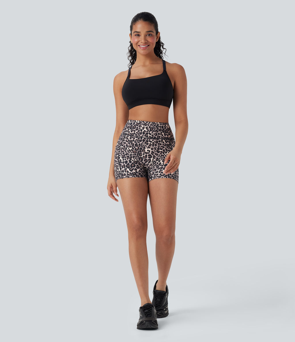 High Waisted Leopard Print Yoga Biker Shorts 3'' with Pockets — Black Leopard — view 7