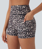 High Waisted Leopard Print Yoga Biker Shorts 3'' with Pockets — Black Leopard — view 5