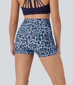 High Waisted Leopard Print Yoga Biker Shorts 3'' with Pockets — Ice blue leopard print — view 8