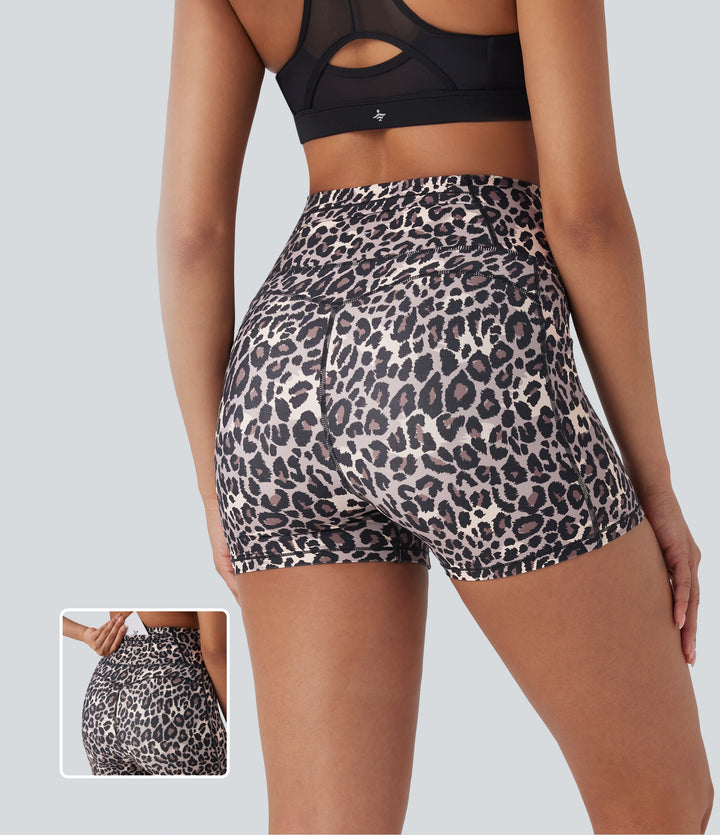 High Waisted Leopard Print Yoga Biker Shorts 3'' with Pockets — Black Leopard — view 1