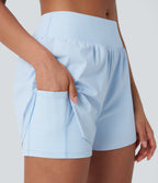 Mid Rise Contrast Mesh 2-in-1 Yoga Shorts with Pockets — Clear Water Blue — view 4