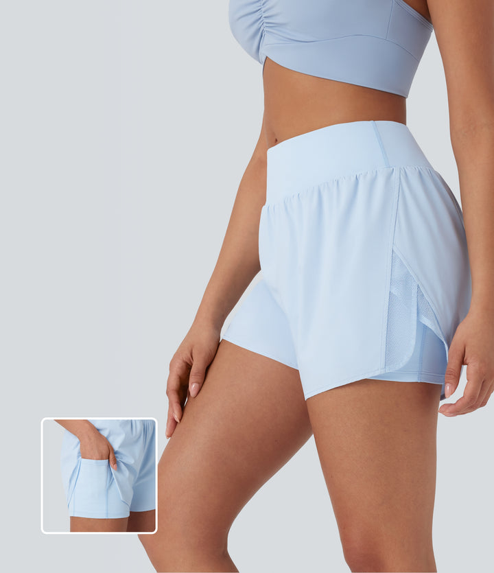 Mid Rise Contrast Mesh 2-in-1 Yoga Shorts with Pockets — Clear Water Blue — view 1
