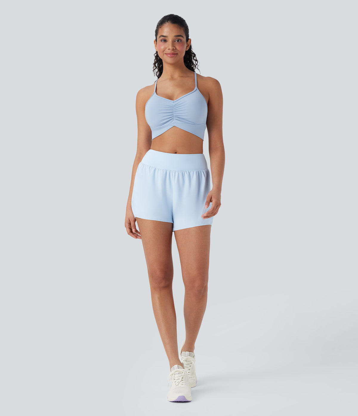 Mid Rise Contrast Mesh 2-in-1 Yoga Shorts with Pockets — Clear Water Blue — view 7