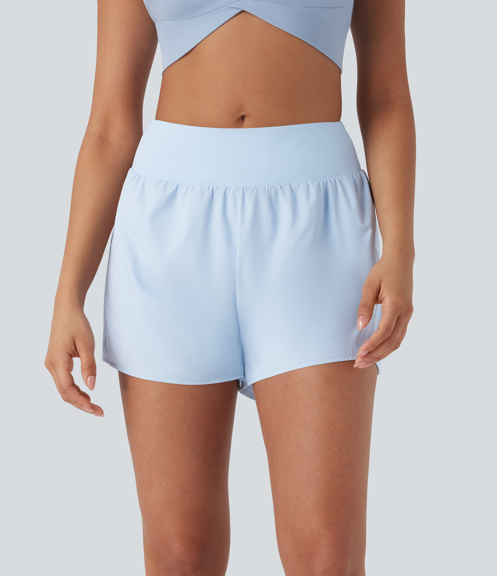 Mid Rise Contrast Mesh 2-in-1 Yoga Shorts with Pockets — Clear Water Blue — view 3