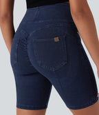 High Waisted Scrunch Butt Lifting Stretchy Knit Denim Casual Shorts with Pockets — Estate Blue Denim — view 4