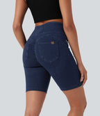 High Waisted Scrunch Butt Lifting Stretchy Knit Denim Casual Shorts with Pockets — Estate Blue Denim — view 1