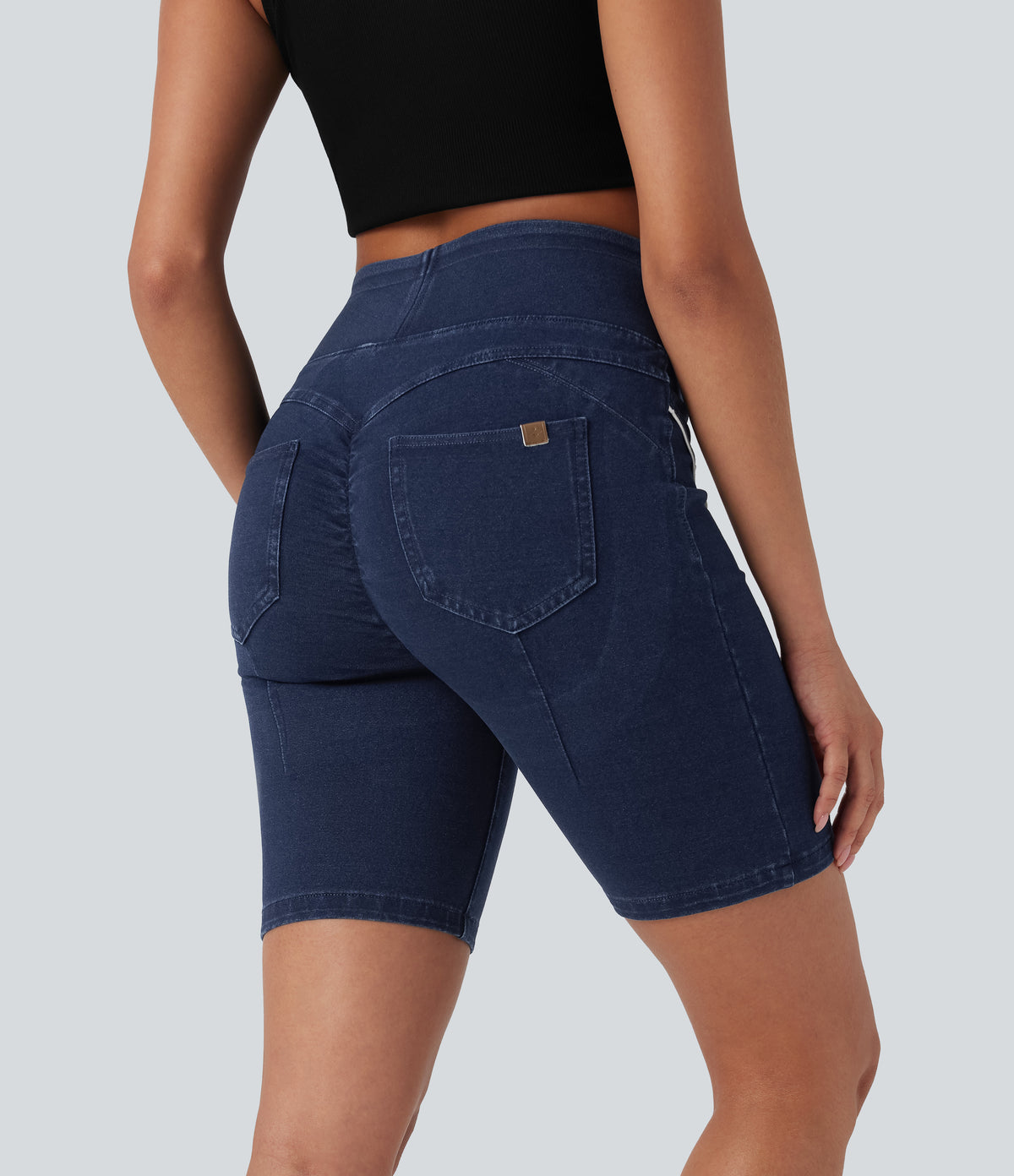 High Waisted Scrunch Butt Lifting Stretchy Knit Denim Casual Shorts with Pockets — Estate Blue Denim — view 1