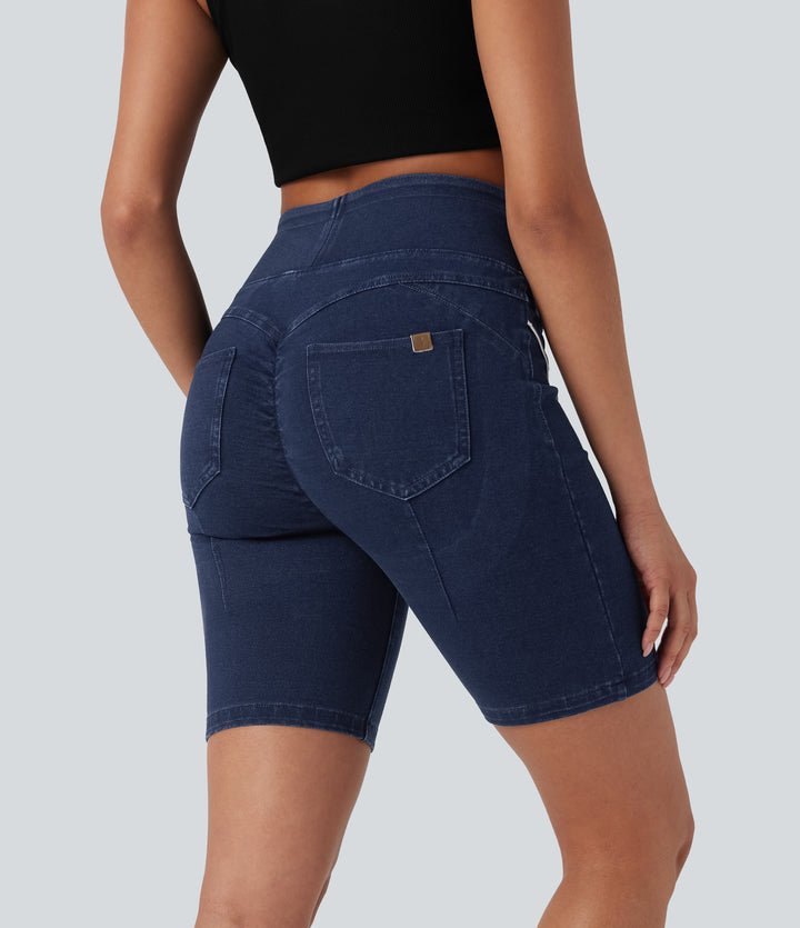 High Waisted Scrunch Butt Lifting Stretchy Knit Denim Casual Shorts with Pockets — Estate Blue Denim — view 1