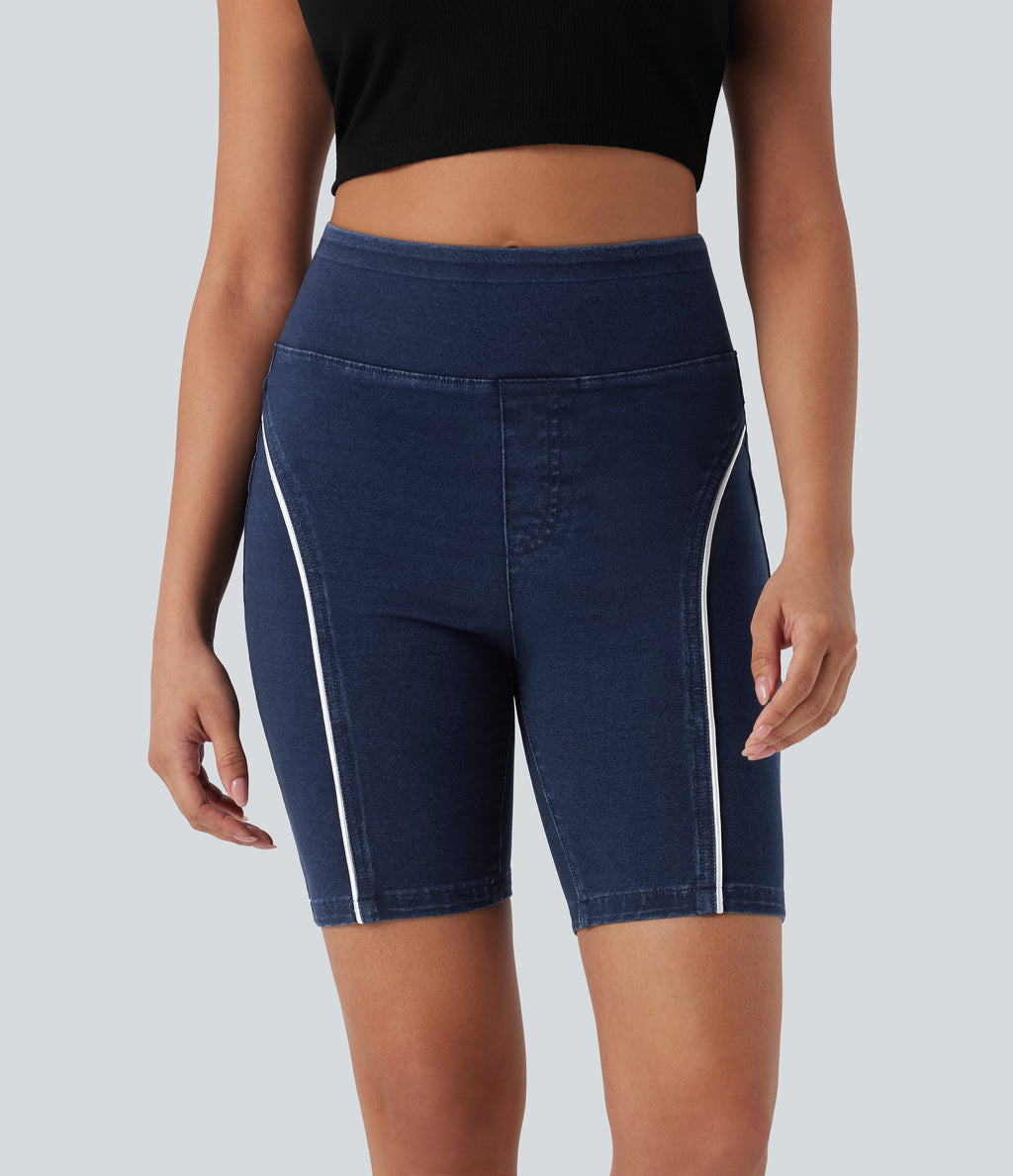 High Waisted Scrunch Butt Lifting Stretchy Knit Denim Casual Shorts with Pockets — Estate Blue Denim — view 2