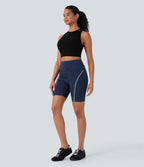 High Waisted Scrunch Butt Lifting Stretchy Knit Denim Casual Shorts with Pockets — Estate Blue Denim — view 6
