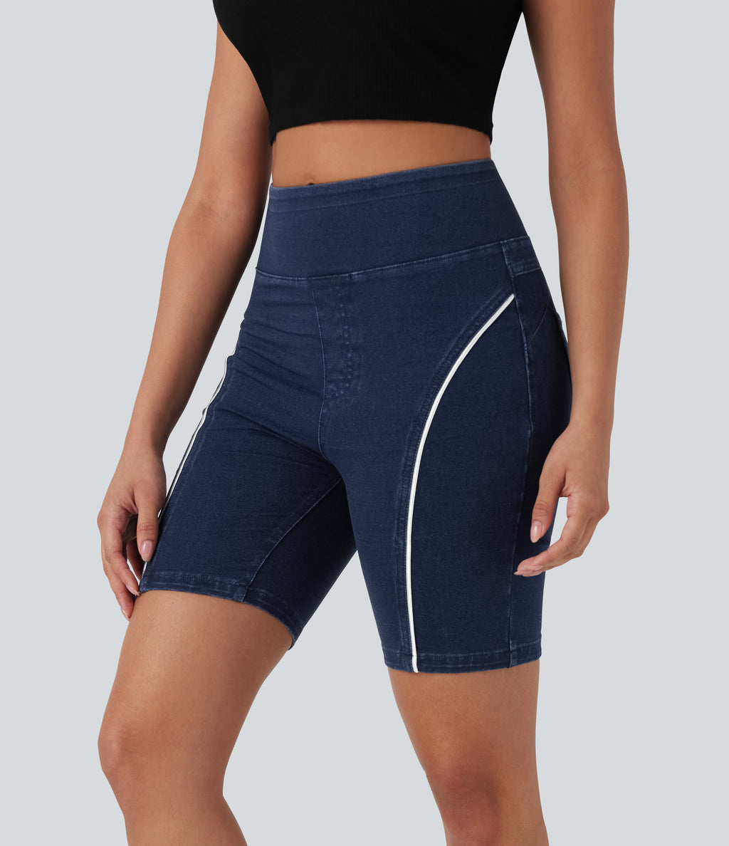 High Waisted Scrunch Butt Lifting Stretchy Knit Denim Casual Shorts with Pockets — Estate Blue Denim — view 3