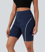 High Waisted Scrunch Butt Lifting Stretchy Knit Denim Casual Shorts with Pockets — Estate Blue Denim — view 3