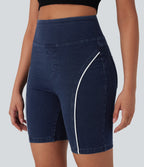 High Waisted Scrunch Butt Lifting Stretchy Knit Denim Casual Shorts with Pockets — Estate Blue Denim — view 5