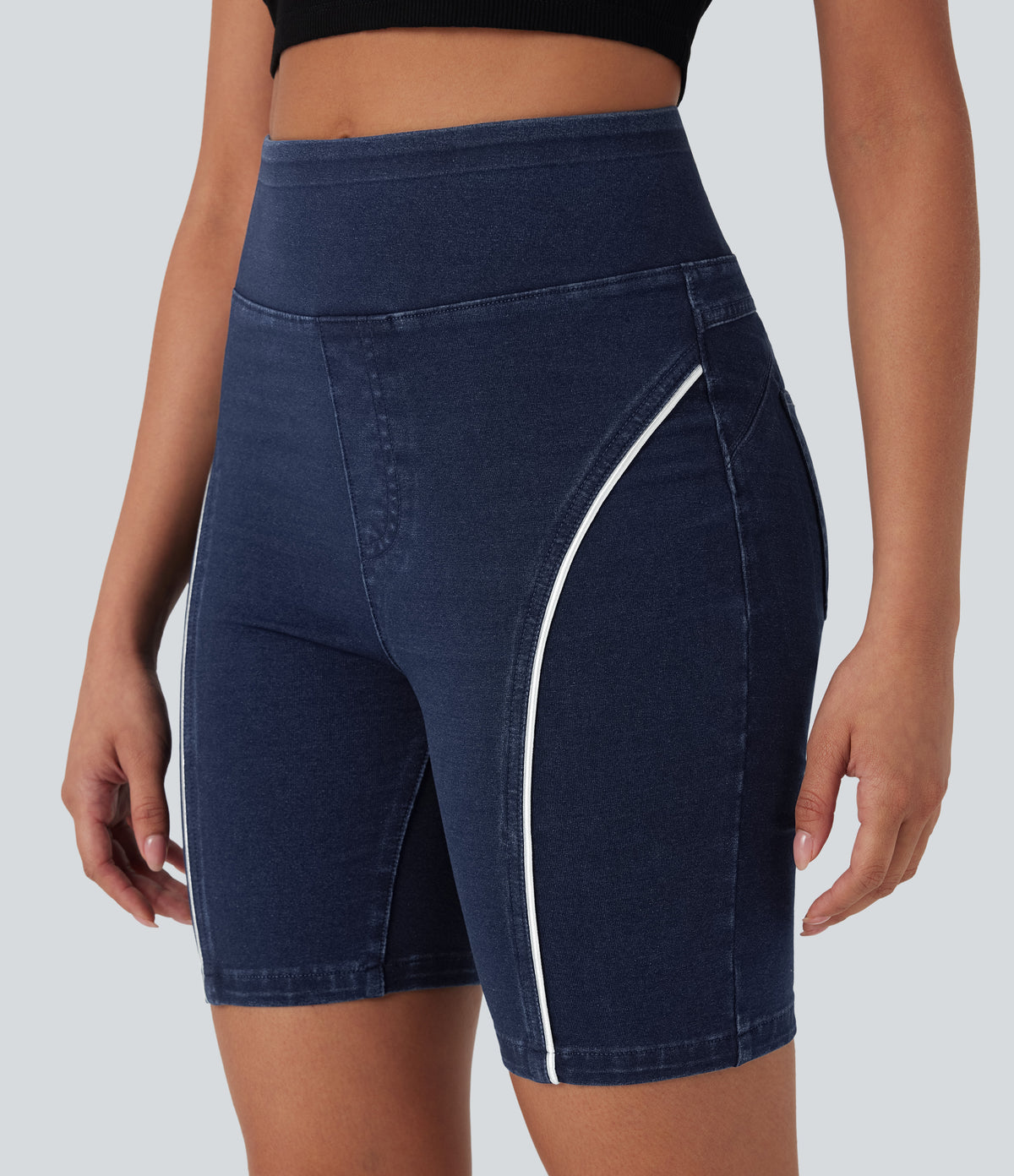 High Waisted Scrunch Butt Lifting Stretchy Knit Denim Casual Shorts with Pockets — Estate Blue Denim — view 5