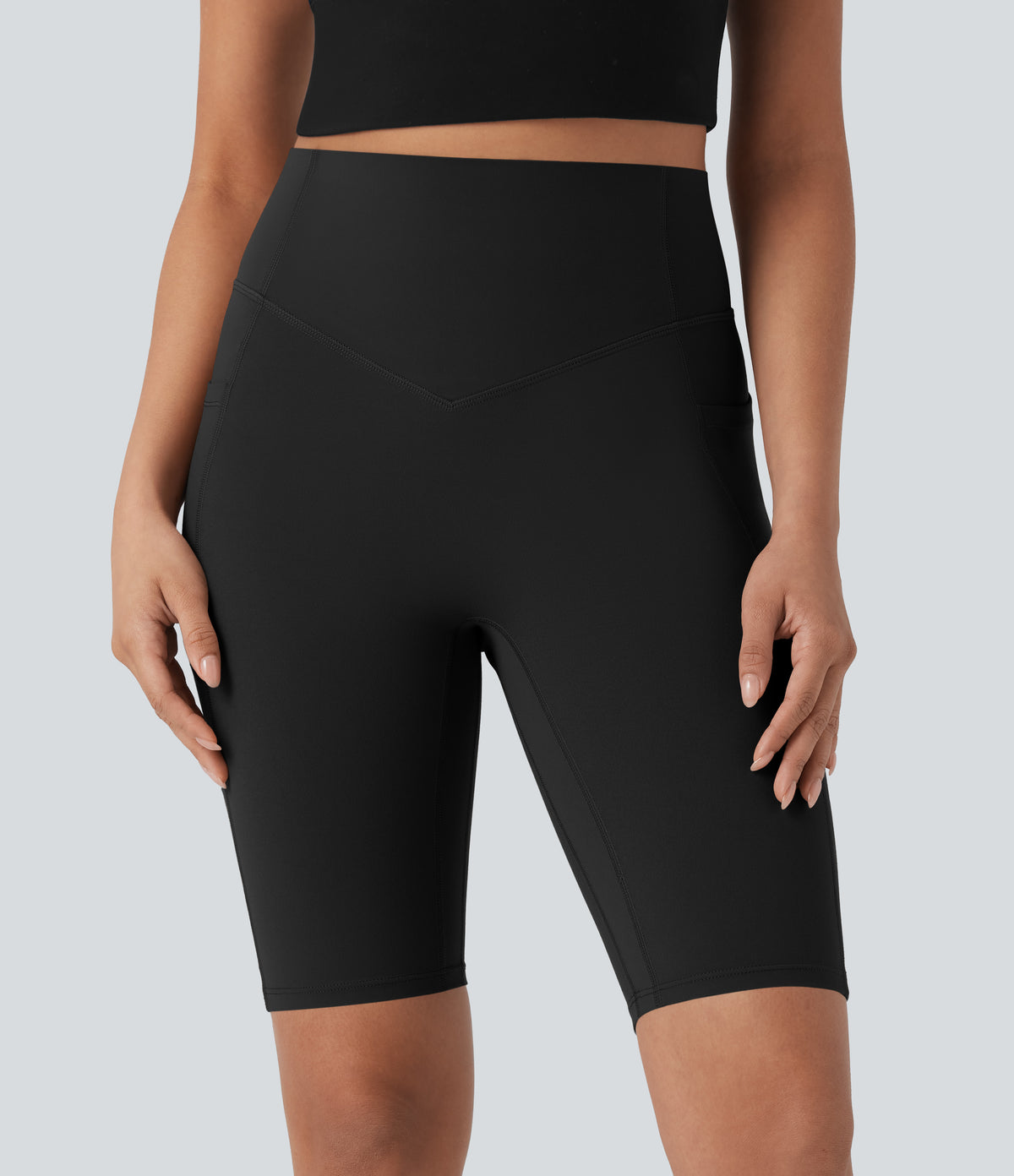 High Waisted Scrunch Butt Lifting Tummy Control Side Pocket Shaping Workout Biker Shorts 9'' — Black — view 4