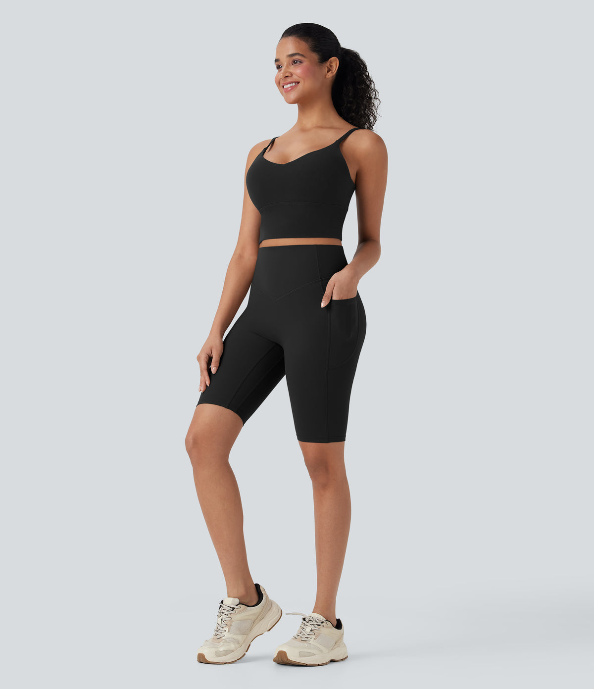 High Waisted Scrunch Butt Lifting Tummy Control Side Pocket Shaping Workout Biker Shorts 9'' — Black — view 7