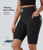 High Waisted Scrunch Butt Lifting Tummy Control Side Pocket Shaping Workout Biker Shorts 9'' — Black — view 1