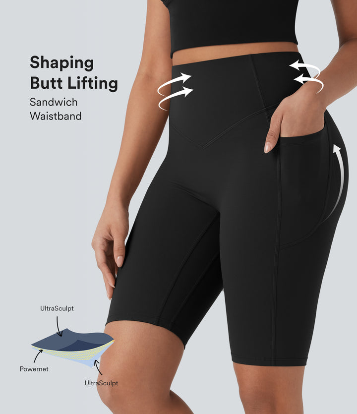 High Waisted Scrunch Butt Lifting Tummy Control Side Pocket Shaping Workout Biker Shorts 9'' — Black — view 1