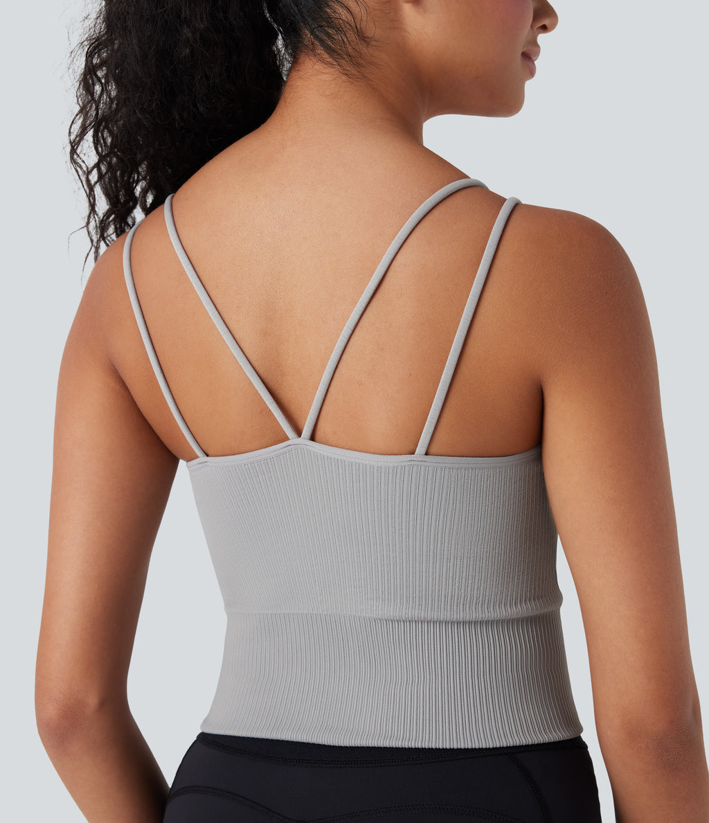 OneForm Seamless Flow Double Straps V Back Cropped Running Cami Top DD-F Cups — Grey — view 8