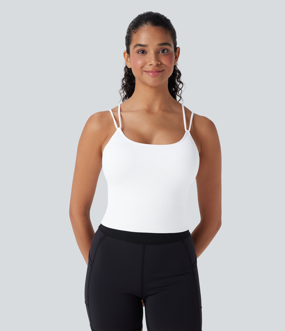 OneForm Seamless Flow Double Straps V Back Cropped Running Cami Top DD-F Cups — White — view 2