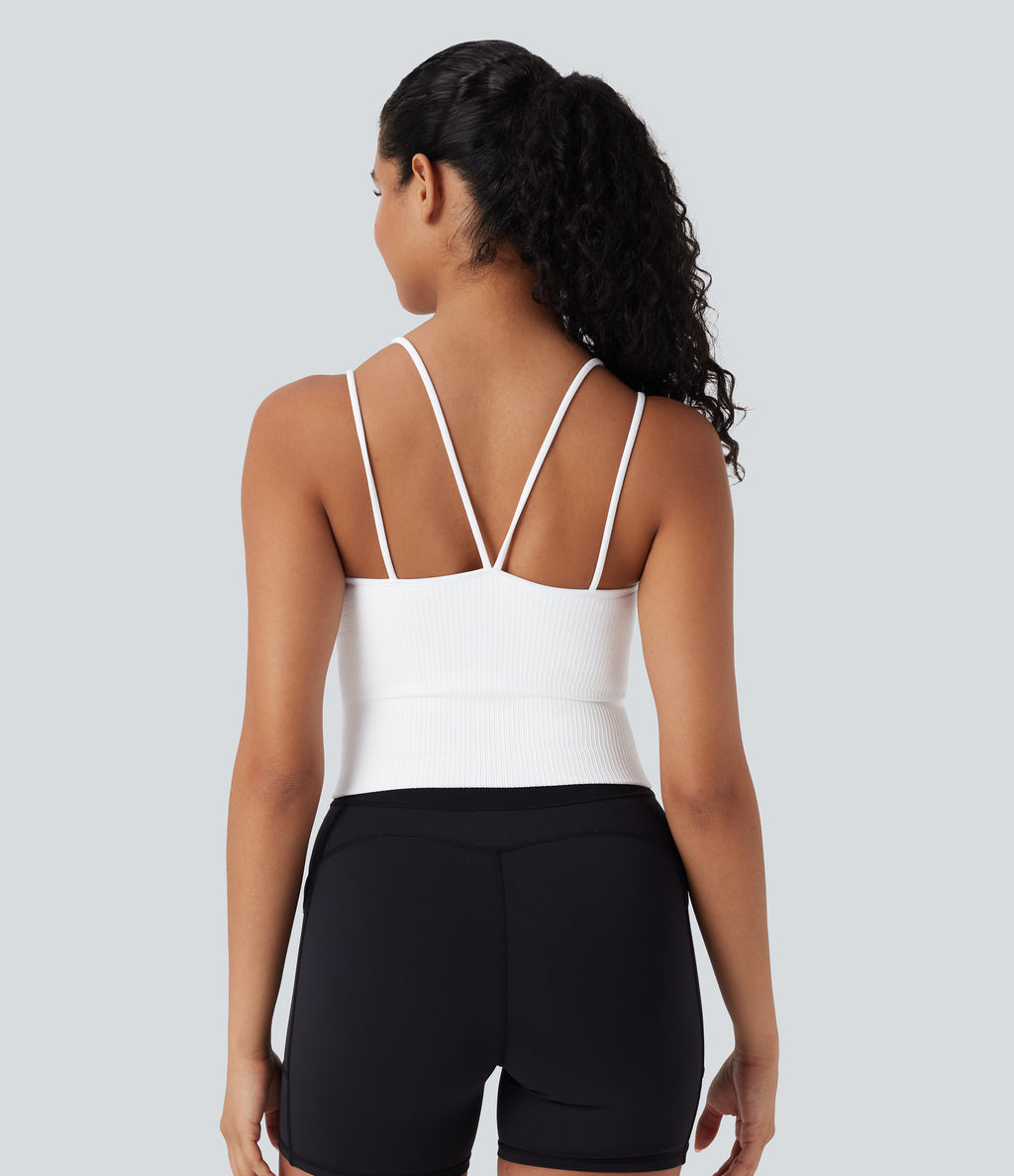 OneForm Seamless Flow Double Straps V Back Cropped Running Cami Top DD-F Cups — White — view 4