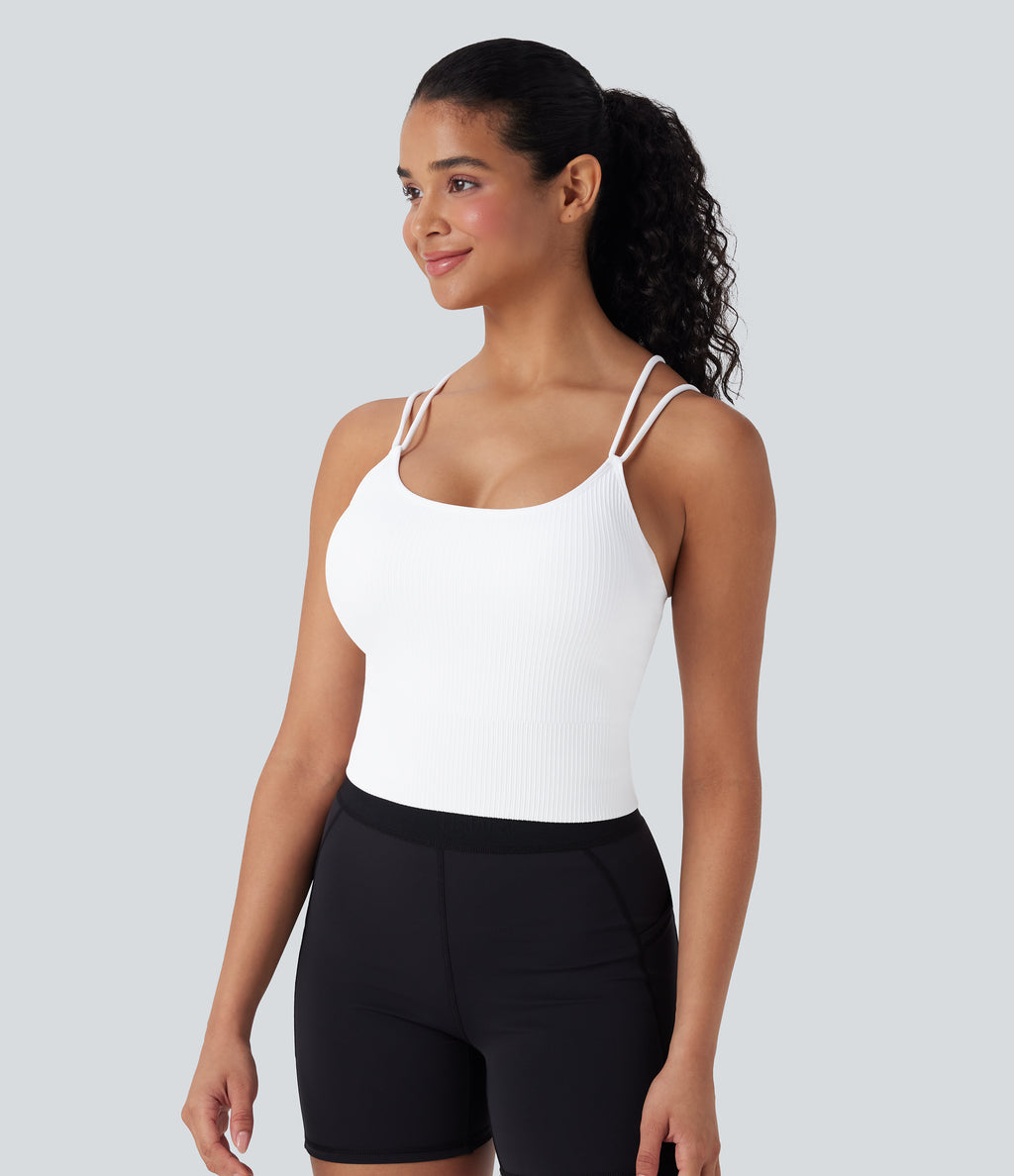 OneForm Seamless Flow Double Straps V Back Cropped Running Cami Top DD-F Cups — White — view 3
