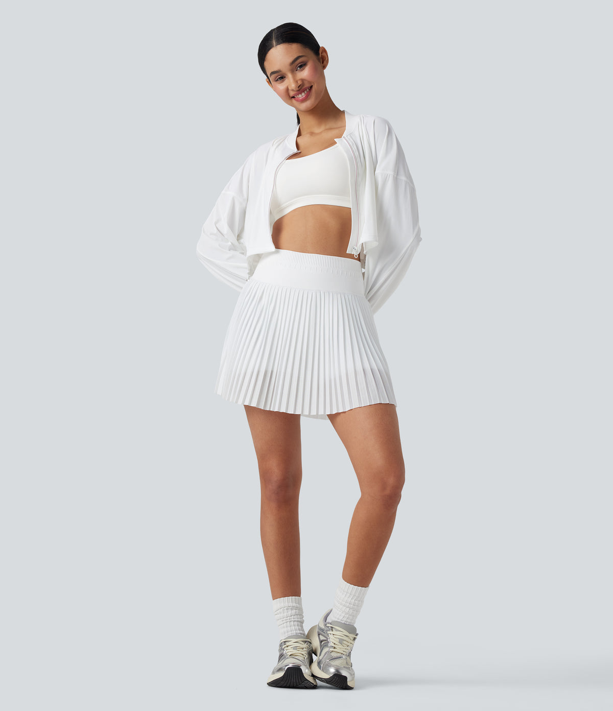 OneForm Seamless Flow High Waisted 2-in-1 Pleated Mini Tennis Skirt with Pockets — White — view 6