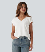 V Neck Short Sleeve Casual T-Shirt — White — view 1