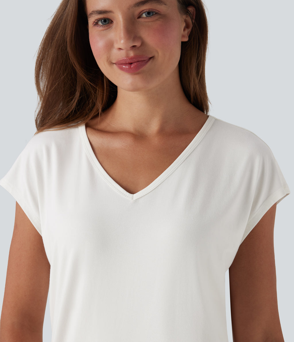 V Neck Short Sleeve Casual T-Shirt — White — view 5