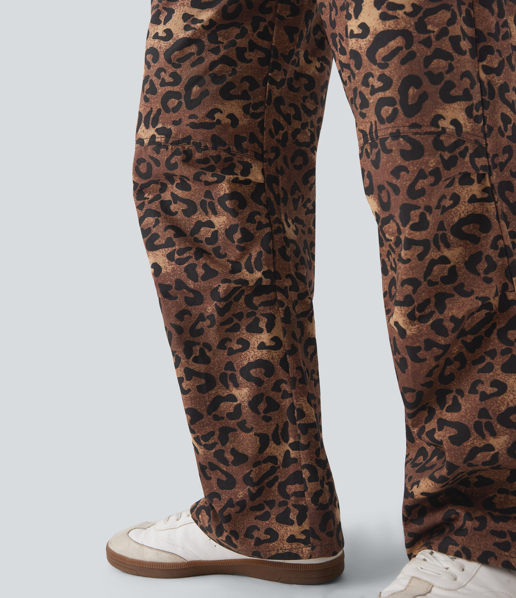 High Waisted Drawstring Straight Leg Leopard Print Casual Trousers with Pockets — Classic Leopard — view 6