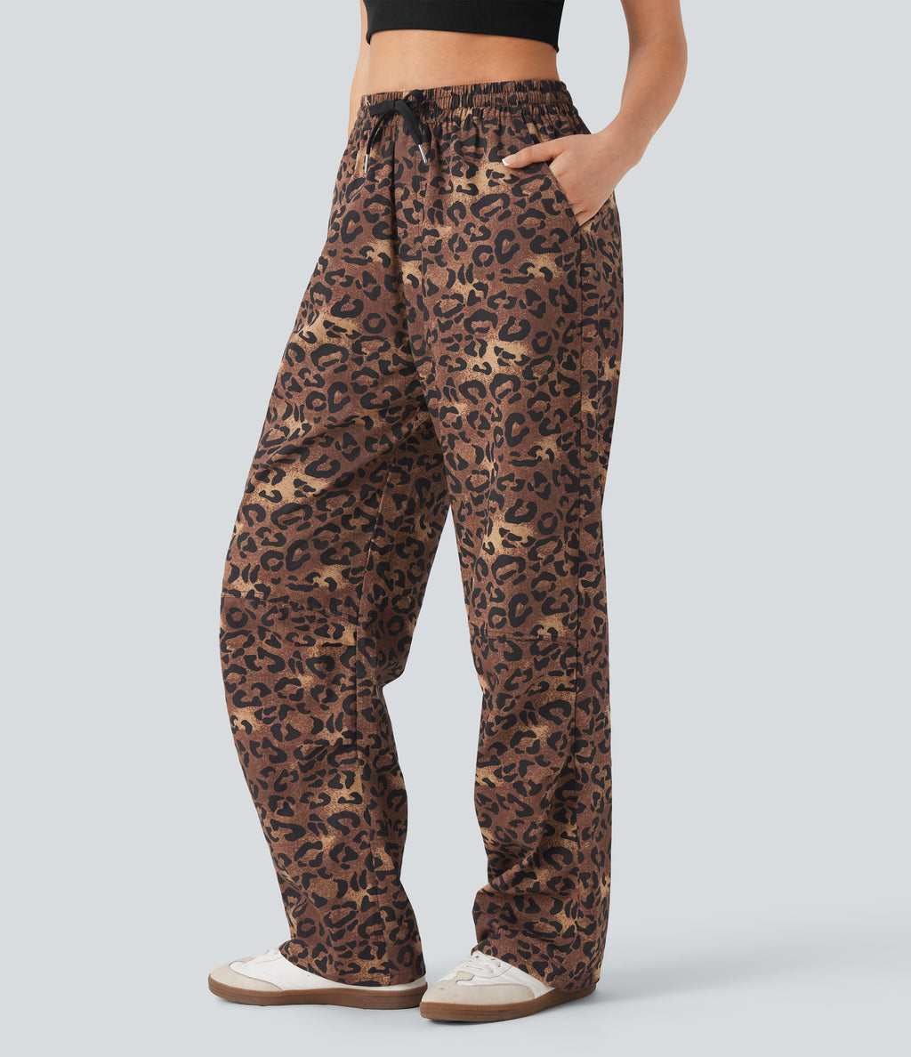 High Waisted Drawstring Straight Leg Leopard Print Casual Trousers with Pockets — Classic Leopard — view 3
