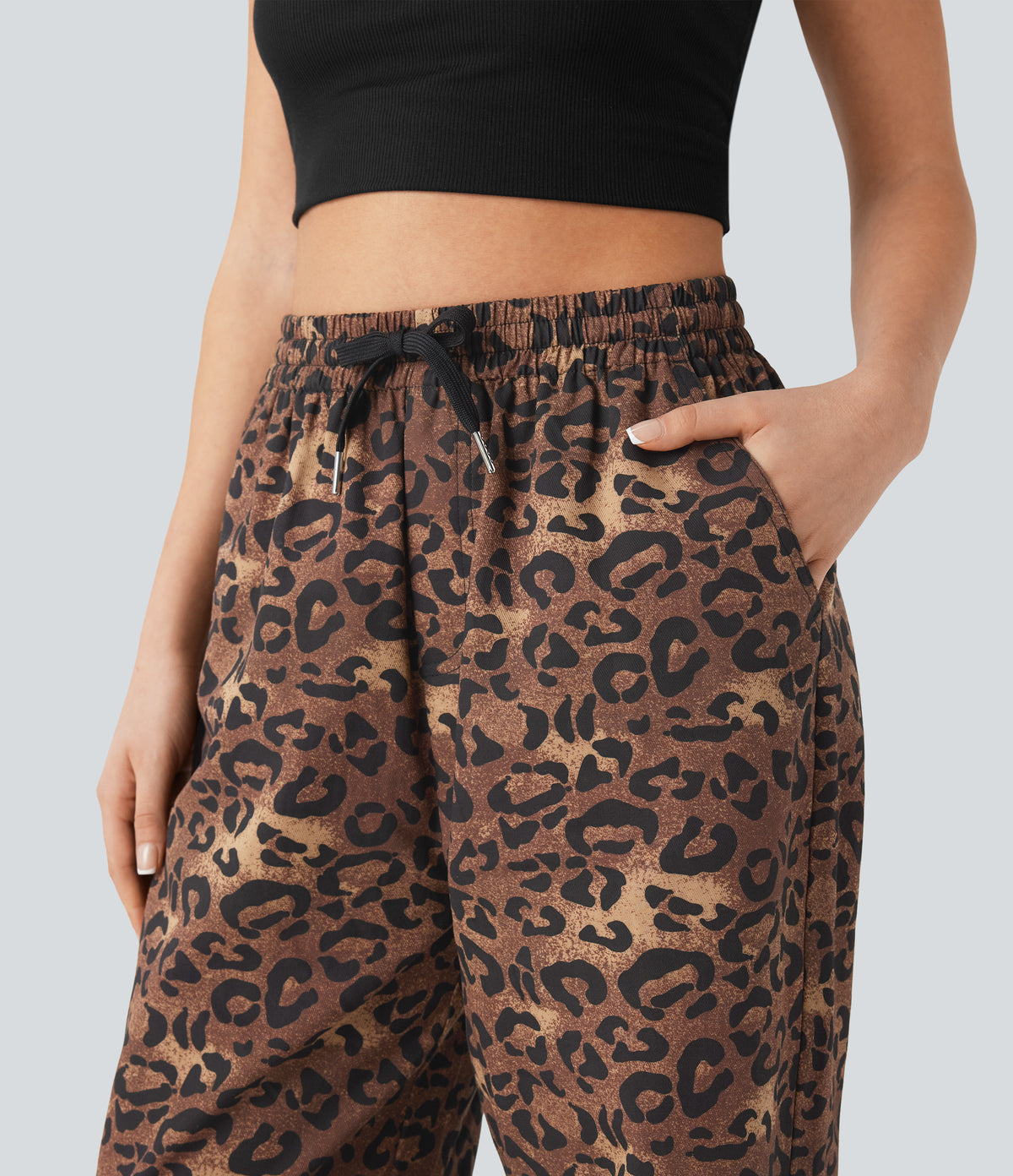 High Waisted Drawstring Straight Leg Leopard Print Casual Trousers with Pockets — Classic Leopard — view 4