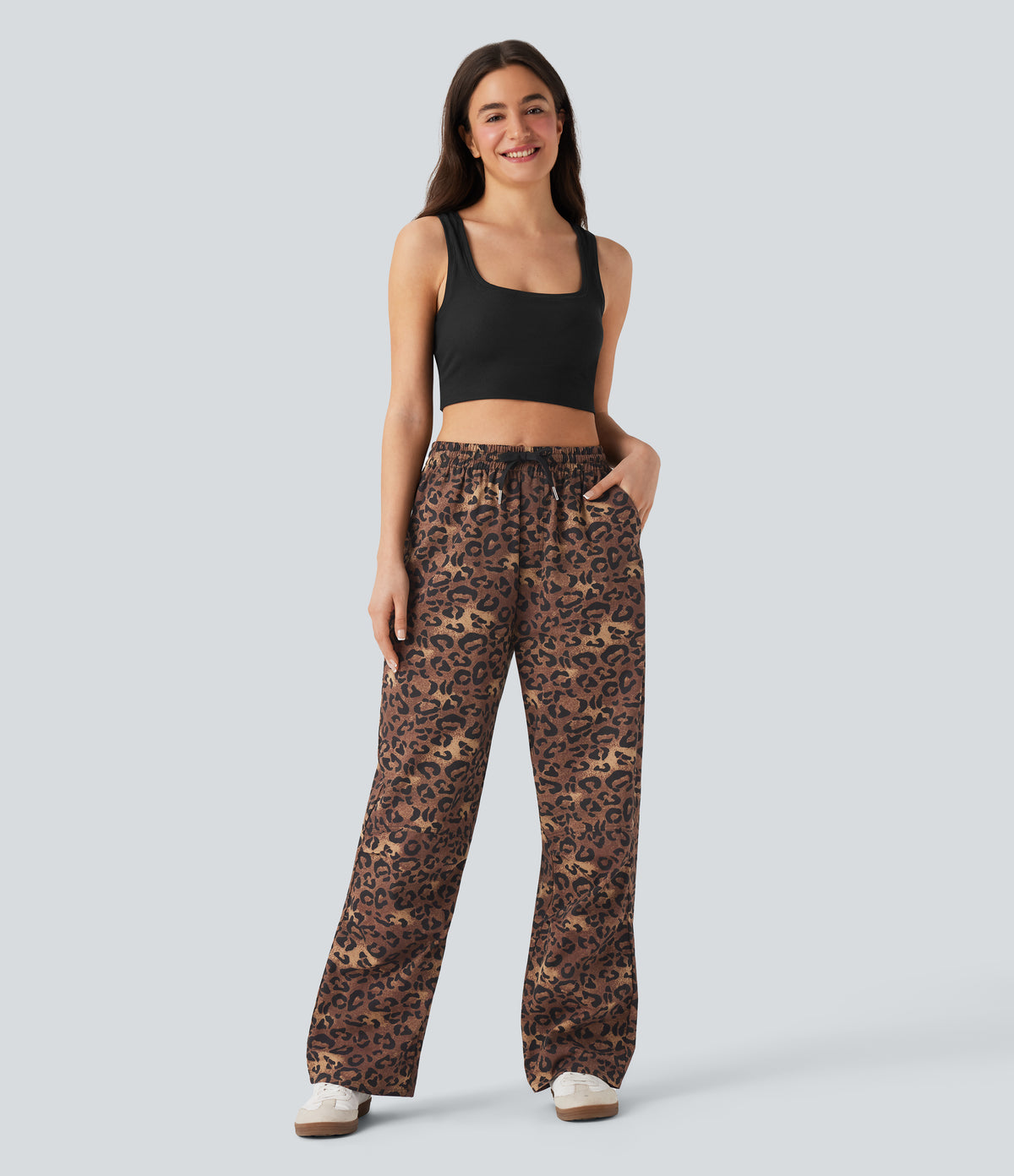 High Waisted Drawstring Straight Leg Leopard Print Casual Trousers with Pockets — Classic Leopard — view 7