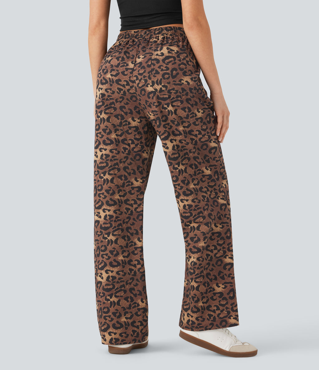 High Waisted Drawstring Straight Leg Leopard Print Casual Trousers with Pockets — Classic Leopard — view 2