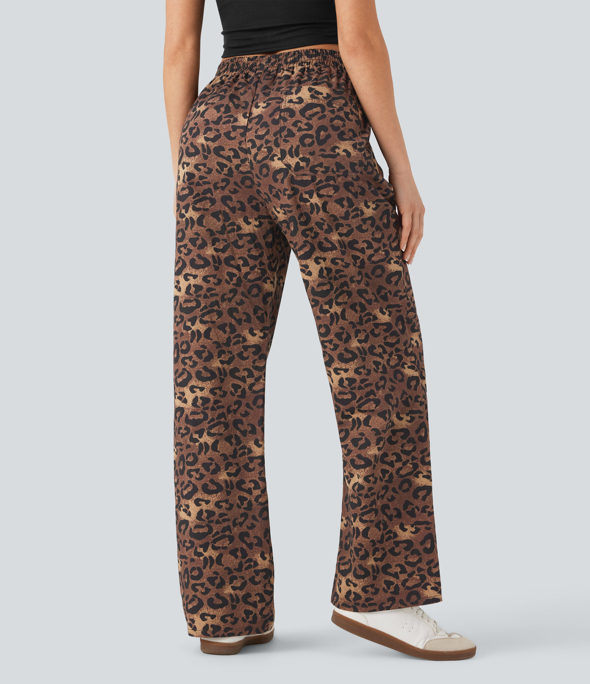 High Waisted Drawstring Straight Leg Leopard Print Casual Trousers with Pockets — Classic Leopard — view 2