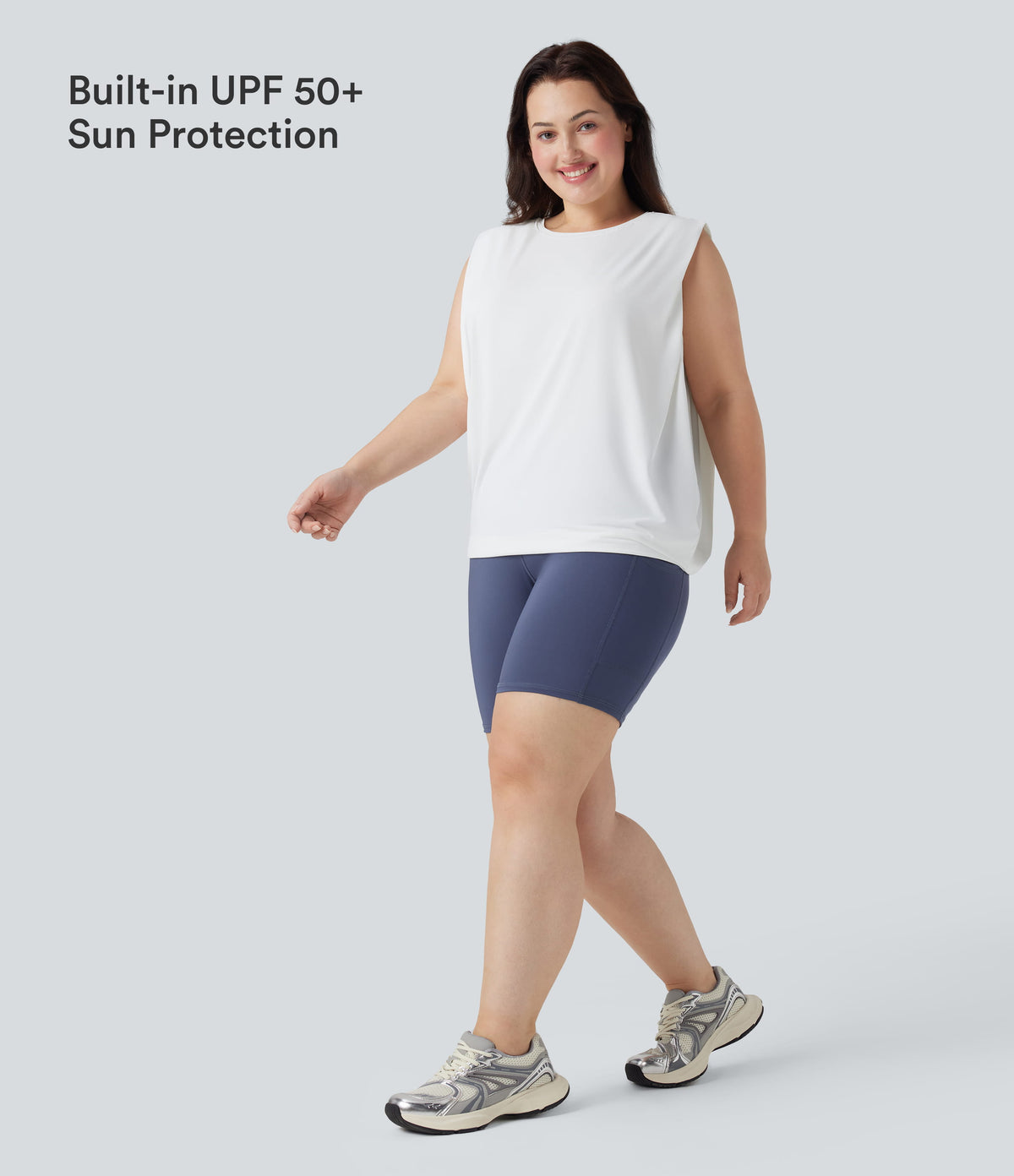 Plus Size Round Neck InstantCool Yoga Tank Top-UPF50+ — White — view 4